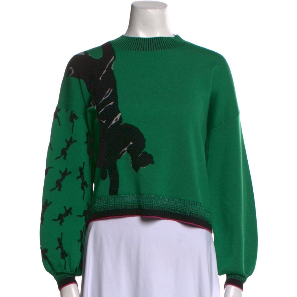 Diane von Furstenberg Dexa Jaguar Animal Print Merino Wool Green Sweater